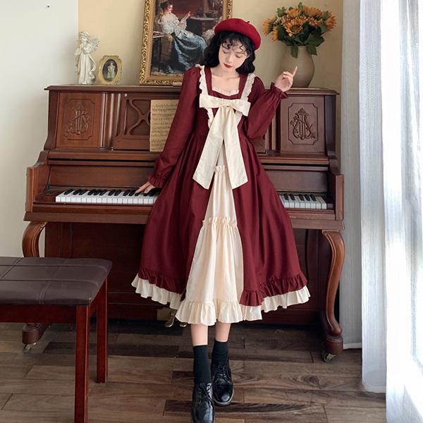 ワンピース ロタ 冬服 秋冬 長袖 フレンチ リボン かわいい エレ レトロ ファッション 大きいサイズ 上品 おしゃれ お出かけ レディース Aライン 