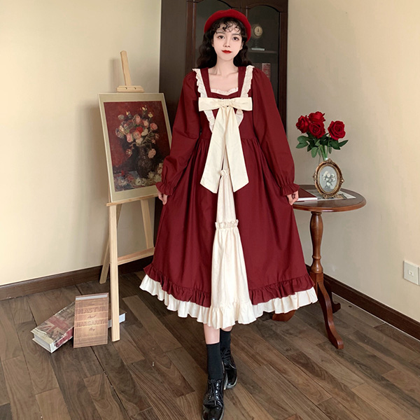 ワンピース ロタ 冬服 秋冬 長袖 フレンチ リボン かわいい エレ レトロ ファッション 大きいサイズ 上品 おしゃれ お出かけ レディース Aライン 