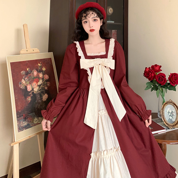 ワンピース ロタ 冬服 秋冬 長袖 フレンチ リボン かわいい エレ レトロ ファッション 大きいサイズ 上品 おしゃれ お出かけ レディース Aライン 