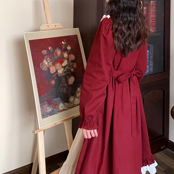 ワンピース ロタ 冬服 秋冬 長袖 フレンチ リボン かわいい エレ レトロ ファッション 大きいサイズ 上品 おしゃれ お出かけ レディース Aライン 