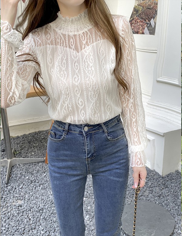 レース トップス レース ブラウス 総レース タンクトップ トップス 立ち襟 レディース シースルー ハイネック花柄 韓国 