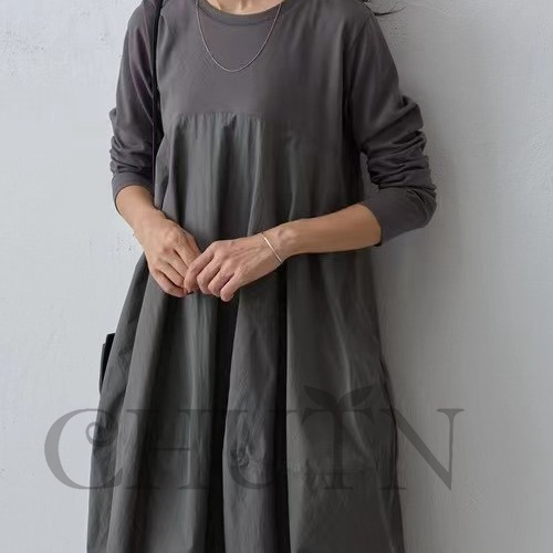 秋ドッキングワンピース長袖 夏秋 ロングワンピース マキシワンピース 秋服 カジュアルワンピース無地ドッキングワンピース大人 40代50代 気質 