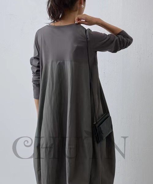 秋ドッキングワンピース長袖 夏秋 ロングワンピース マキシワンピース 秋服 カジュアルワンピース無地ドッキングワンピース大人 40代50代 気質 