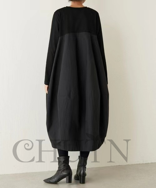 秋ドッキングワンピース長袖 夏秋 ロングワンピース マキシワンピース 秋服 カジュアルワンピース無地ドッキングワンピース大人 40代50代 気質 