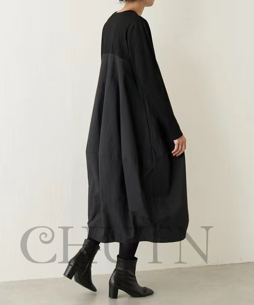秋ドッキングワンピース長袖 夏秋 ロングワンピース マキシワンピース 秋服 カジュアルワンピース無地ドッキングワンピース大人 40代50代 気質 