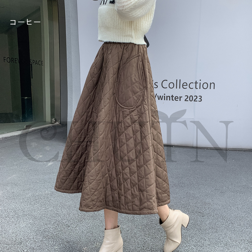 ダウンスカート中綿 スカートボロング ミモレ丈 膝下 キルティングスカート 入学式卒業式フレアスカート フスカートきれいめ Aライン 暖かい 中綿 