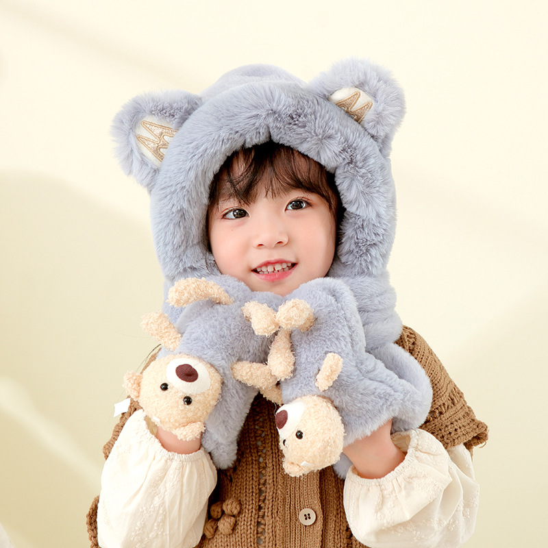 キッズフードマフラー 3IN1 マフラー フード 手袋 一体型 冬用品 ふわふわ 柔らかい ファッション 寒さ対策 おしゃれ 帽子 かわいい 防寒 全4色 子ども用 