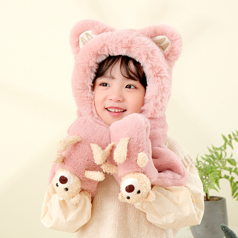キッズフードマフラー 3IN1 マフラー フード 手袋 一体型 冬用品 ふわふわ 柔らかい ファッション 寒さ対策 おしゃれ 帽子 かわいい 防寒 全4色 子ども用 