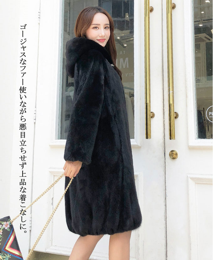 ファーコート レディース 毛皮コート ミンク レディースファー フェイクファー フード付き 暖かい 大きいサイズ アウター ロッグコート 優雅 防寒 冬服 