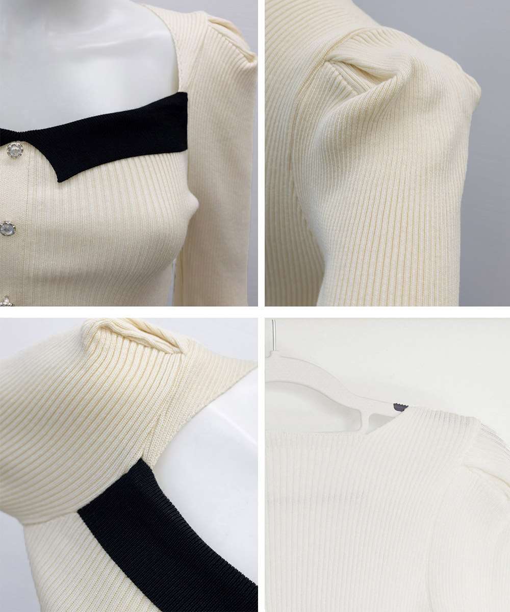 スクエアネック フェイクボタン ニット  