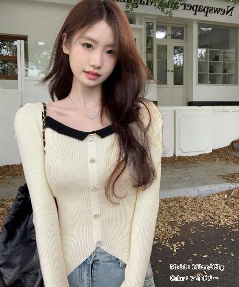 スクエアネック フェイクボタン ニット  