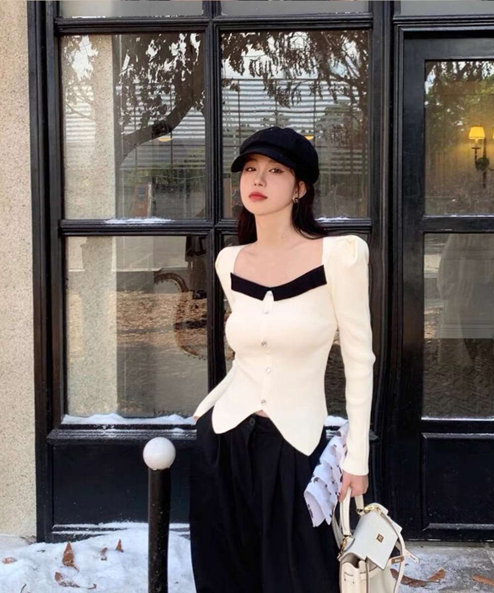 スクエアネック フェイクボタン ニット  