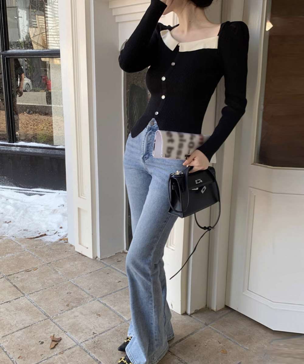 スクエアネック フェイクボタン ニット  