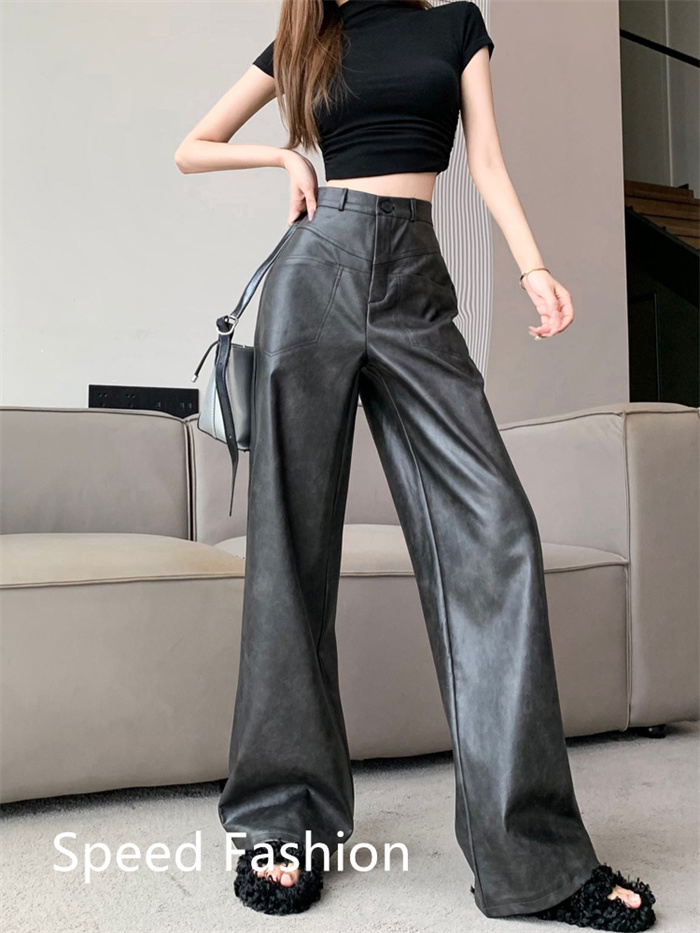 PU レザーワイドレッグパンツ レディース バギーパンツ ロング丈 ハイウエスト 大人 ワイドレッグパンツ カジュアル ズボン ボ体型カバー 