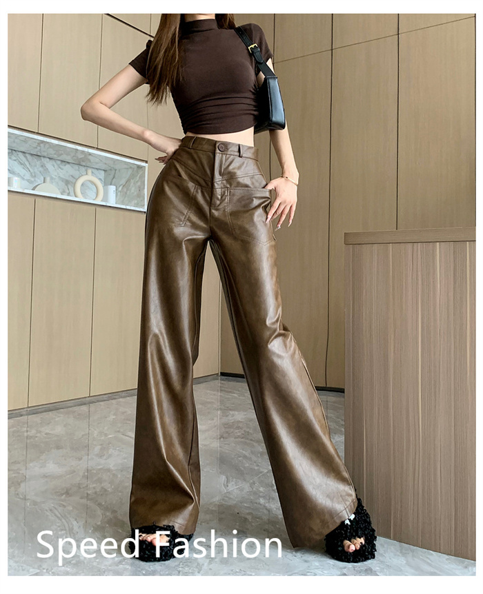 PU レザーワイドレッグパンツ レディース バギーパンツ ロング丈 ハイウエスト 大人 ワイドレッグパンツ カジュアル ズボン ボ体型カバー 