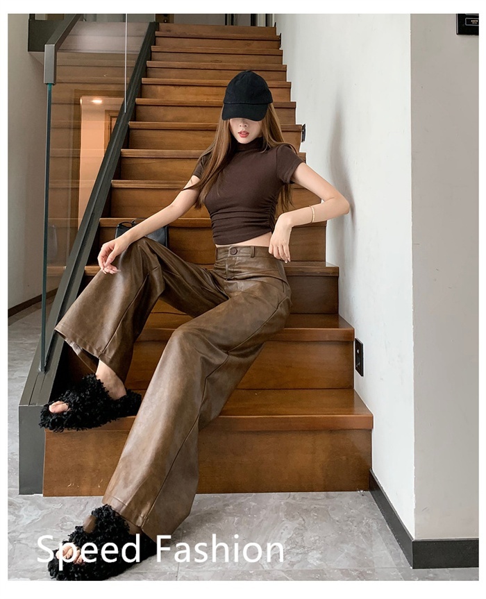 PU レザーワイドレッグパンツ レディース バギーパンツ ロング丈 ハイウエスト 大人 ワイドレッグパンツ カジュアル ズボン ボ体型カバー 