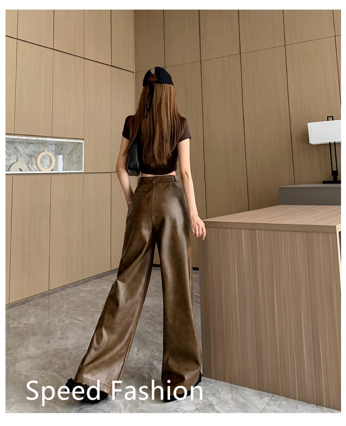 PU レザーワイドレッグパンツ レディース バギーパンツ ロング丈 ハイウエスト 大人 ワイドレッグパンツ カジュアル ズボン ボ体型カバー 