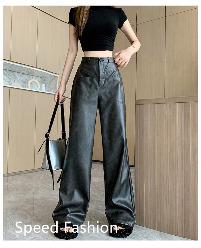 PU レザーワイドレッグパンツ レディース バギーパンツ ロング丈 ハイウエスト 大人 ワイドレッグパンツ カジュアル ズボン ボ体型カバー 