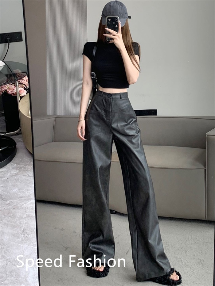 PU レザーワイドレッグパンツ レディース バギーパンツ ロング丈 ハイウエスト 大人 ワイドレッグパンツ カジュアル ズボン ボ体型カバー 