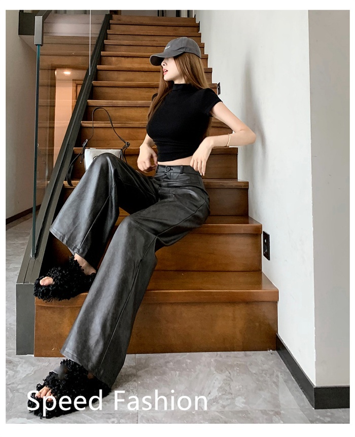 PU レザーワイドレッグパンツ レディース バギーパンツ ロング丈 ハイウエスト 大人 ワイドレッグパンツ カジュアル ズボン ボ体型カバー 