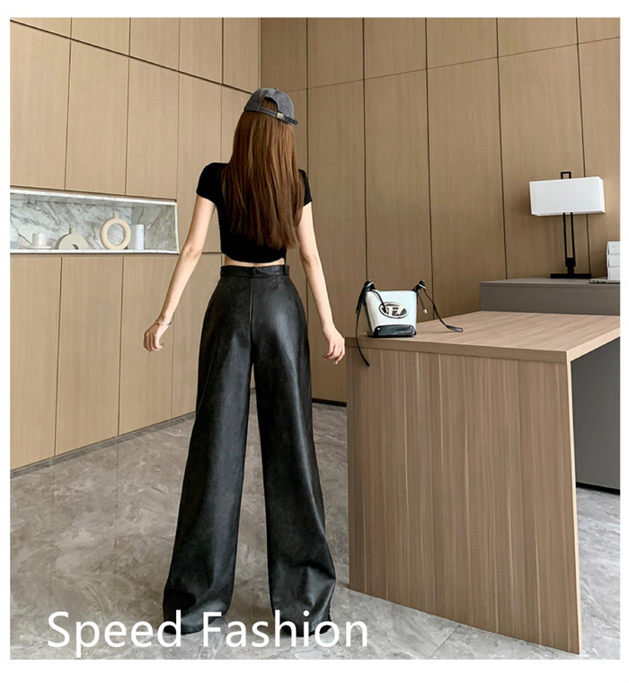 PU レザーワイドレッグパンツ レディース バギーパンツ ロング丈 ハイウエスト 大人 ワイドレッグパンツ カジュアル ズボン ボ体型カバー 