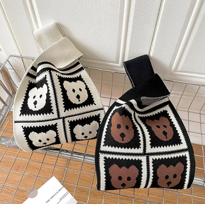 2色 ニットバッグ レディー ス マルシェバック ニット ハンドバ トバッグ ミニバック かばん サブバ 編み ッグ トー バッグ 可愛い ッグ 縦型 2023秋 
