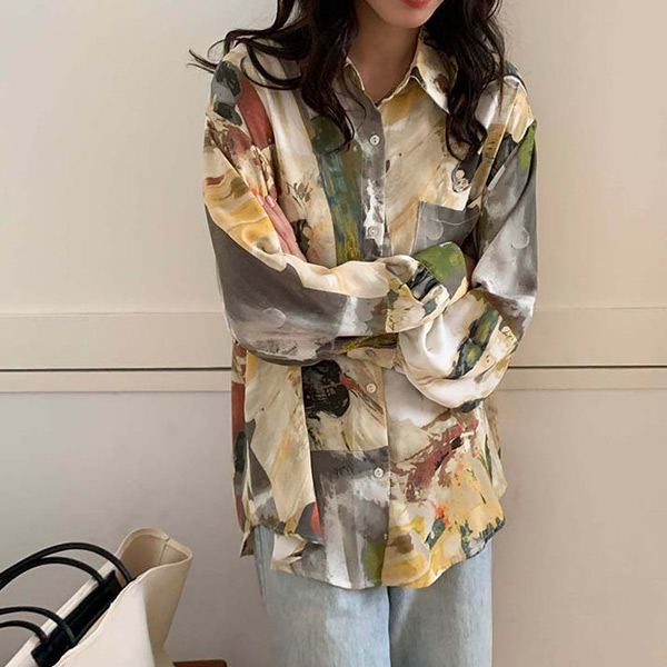柄シャツ ペイント アート 長袖シャツ オーバーサイズ カラフル シャツ 衣装 ダンス 韓国ファッション 個性的 大きいサイズ 春服 トップス コスチューム 秋服 