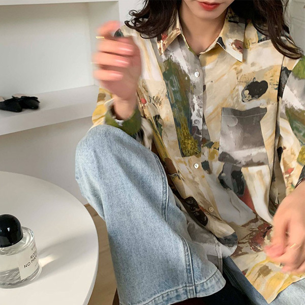 柄シャツ ペイント アート 長袖シャツ オーバーサイズ カラフル シャツ 衣装 ダンス 韓国ファッション 個性的 大きいサイズ 春服 トップス コスチューム 秋服 