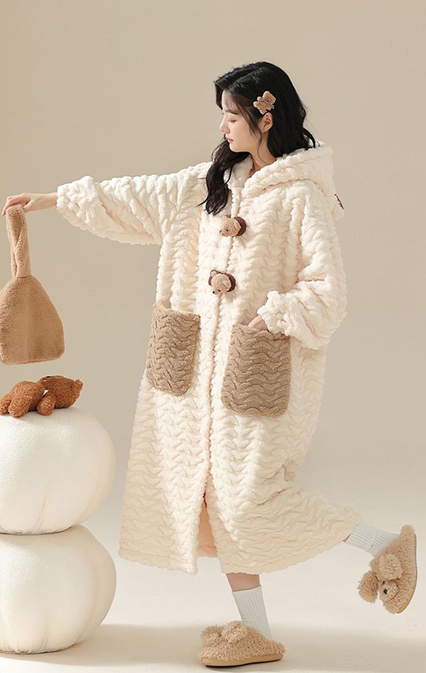 ルームウェア もこもこ 熊 パジャマ 冬 長袖 ナイトガウン 前開き 部屋着 フード付き 寝巻き 着る毛布 