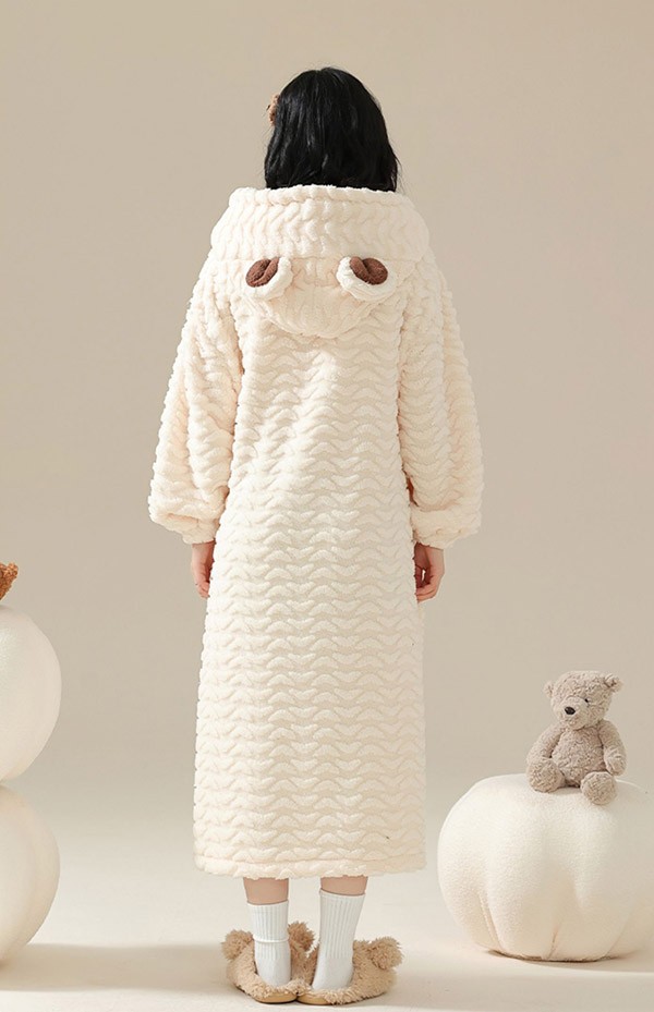 ルームウェア もこもこ 熊 パジャマ 冬 長袖 ナイトガウン 前開き 部屋着 フード付き 寝巻き 着る毛布 