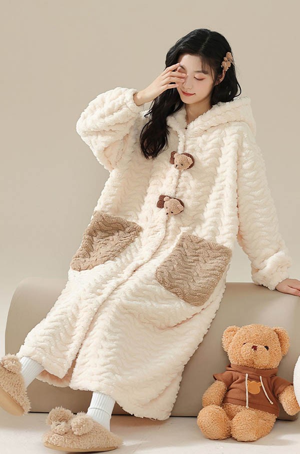 ルームウェア もこもこ 熊 パジャマ 冬 長袖 ナイトガウン 前開き 部屋着 フード付き 寝巻き 着る毛布 