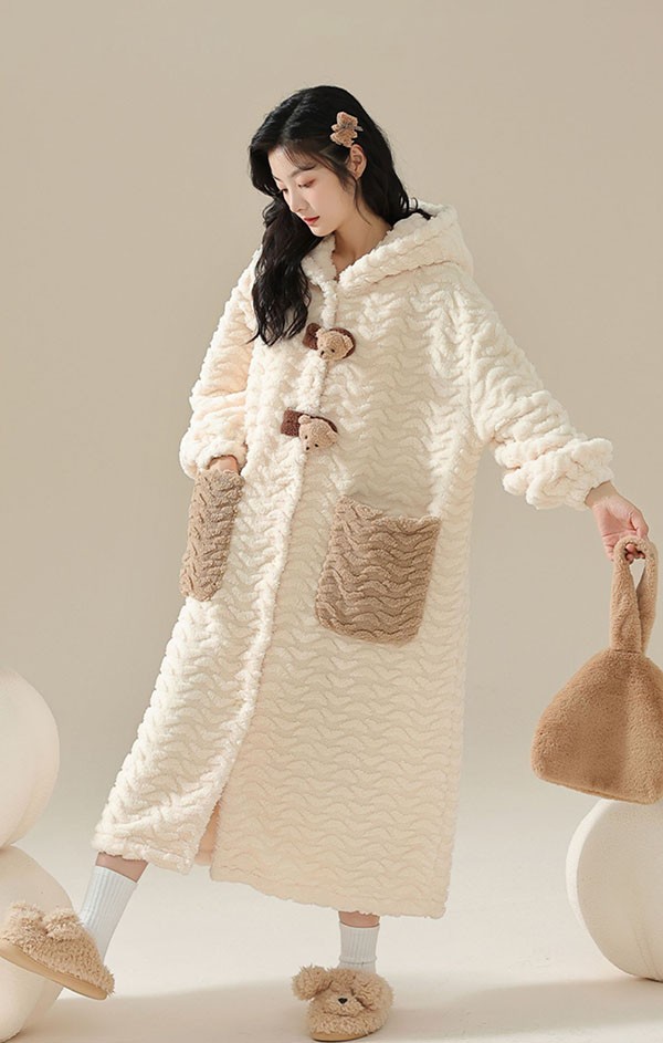 ルームウェア もこもこ 熊 パジャマ 冬 長袖 ナイトガウン 前開き 部屋着 フード付き 寝巻き 着る毛布 