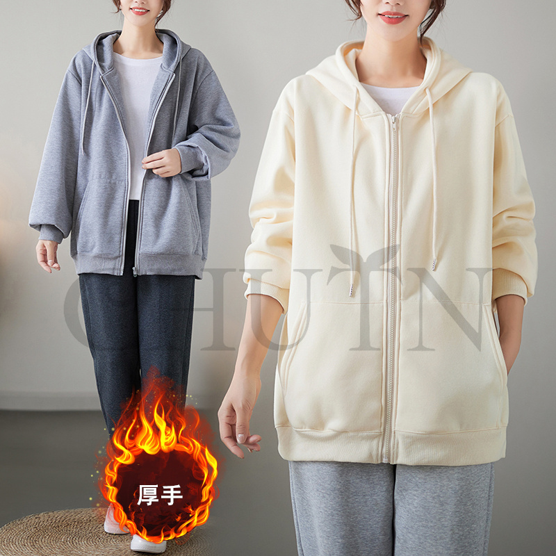 レディース 春秋冬 ゆったり フード厚手アウター 長袖 韓国風 体型カバー コーデ全７色 ジップアップシンプル カジュアル お出かけ 