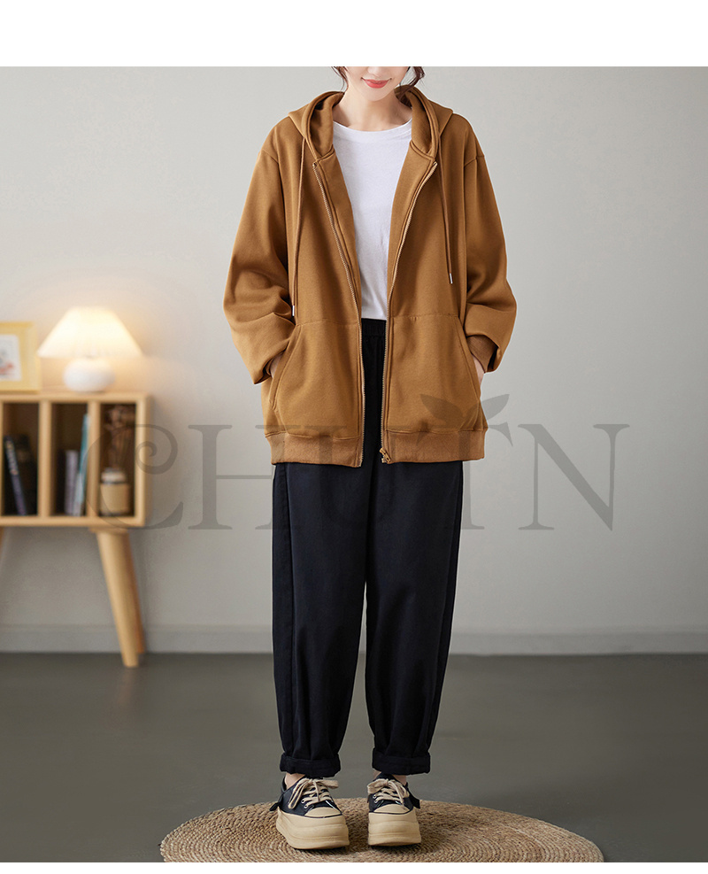 レディース 春秋冬 ゆったり フード厚手アウター 長袖 韓国風 体型カバー コーデ全７色 ジップアップシンプル カジュアル お出かけ 