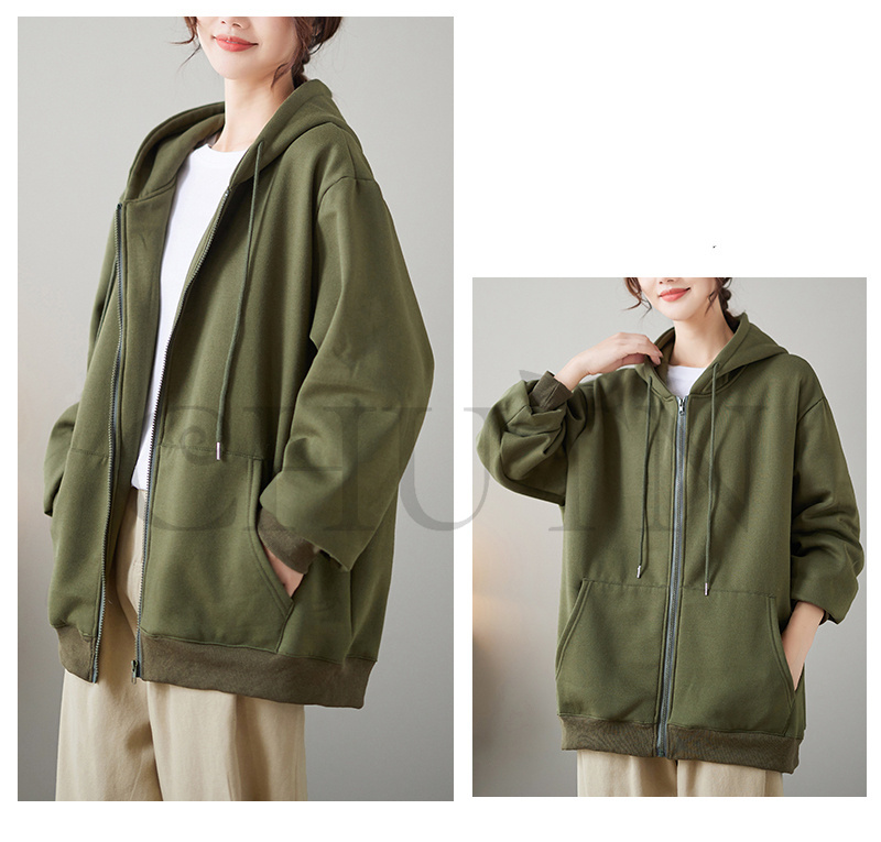 レディース 春秋冬 ゆったり フード厚手アウター 長袖 韓国風 体型カバー コーデ全７色 ジップアップシンプル カジュアル お出かけ 