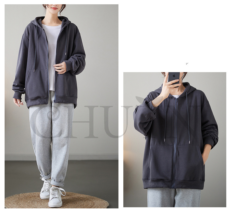 レディース 春秋冬 ゆったり フード厚手アウター 長袖 韓国風 体型カバー コーデ全７色 ジップアップシンプル カジュアル お出かけ 