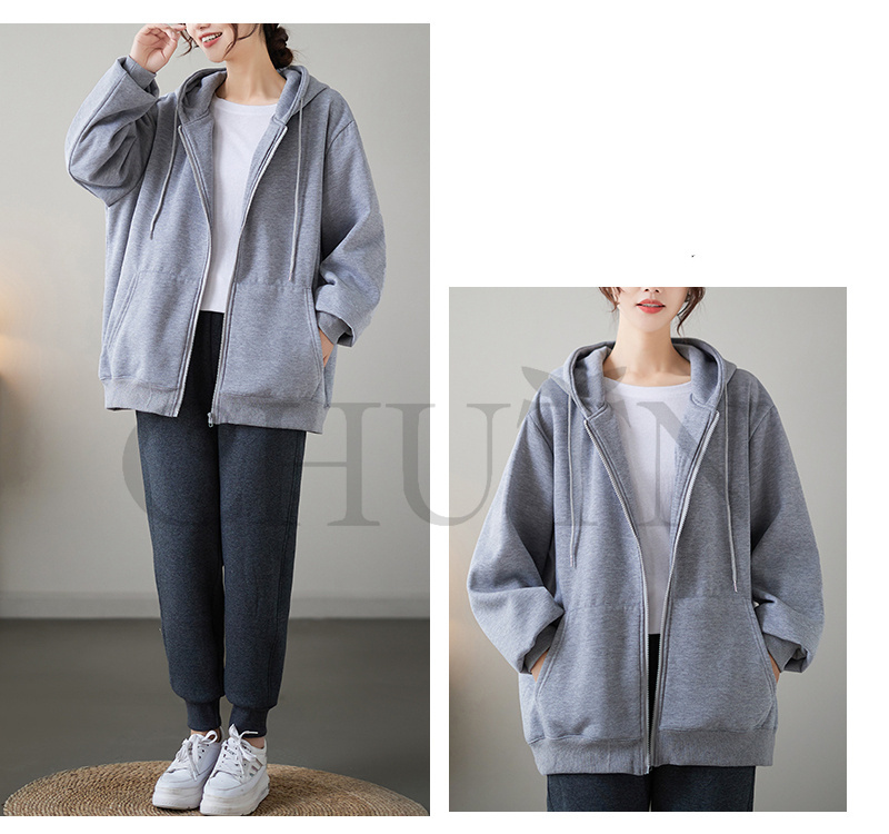 レディース 春秋冬 ゆったり フード厚手アウター 長袖 韓国風 体型カバー コーデ全７色 ジップアップシンプル カジュアル お出かけ 