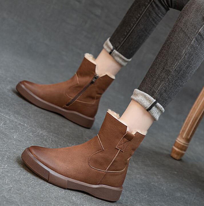 ショートブーツ レディース 。 ボア 秋冬 裏起毛 サイド 黒 紐なし 足が疲れない 柔らかい トンブーツ 厚底 大きいサイズ 牛革 