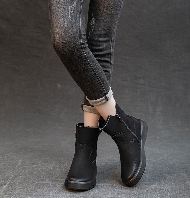 ショートブーツ レディース 。 ボア 秋冬 裏起毛 サイド 黒 紐なし 足が疲れない 柔らかい トンブーツ 厚底 大きいサイズ 牛革 