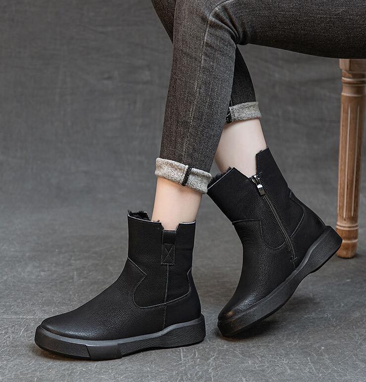 ショートブーツ レディース 。 ボア 秋冬 裏起毛 サイド 黒 紐なし 足が疲れない 柔らかい トンブーツ 厚底 大きいサイズ 牛革 