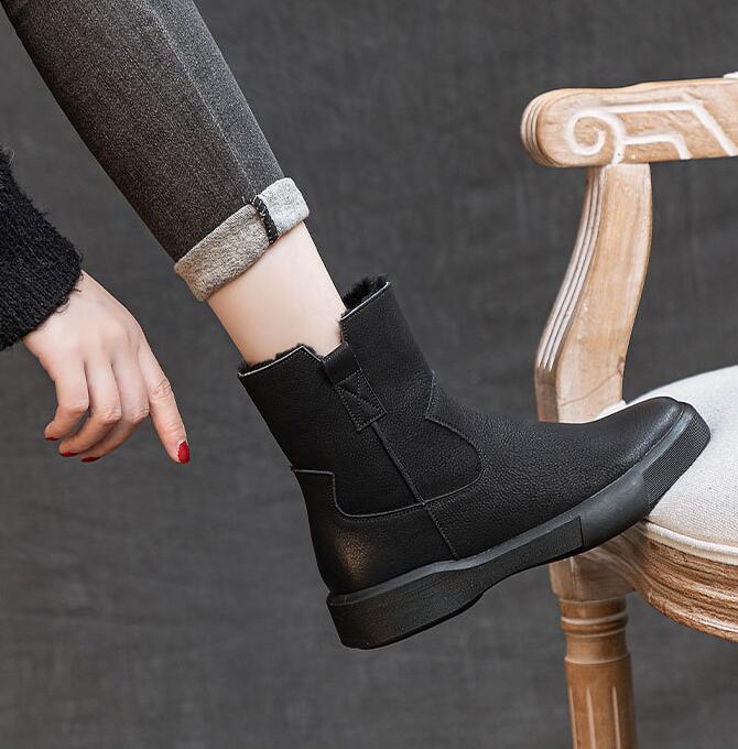 ショートブーツ レディース 。 ボア 秋冬 裏起毛 サイド 黒 紐なし 足が疲れない 柔らかい トンブーツ 厚底 大きいサイズ 牛革 