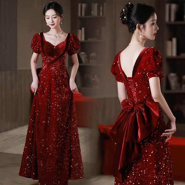 ロングドレス 演奏会 袖付き ドレス 大人 ピアノ 赤 発表会 キラキラ 演奏会用ドレス ワインレッド パーティードレス リボン付き 