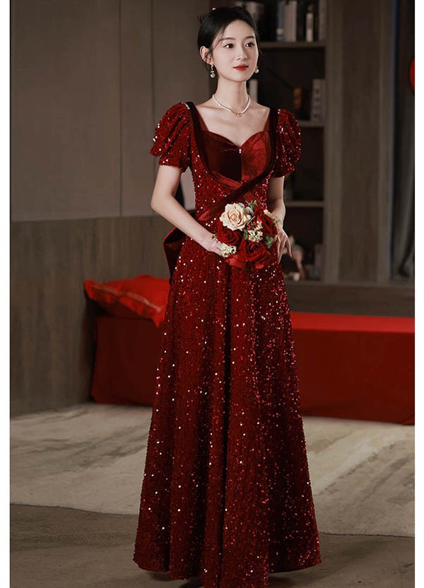 ロングドレス 演奏会 袖付き ドレス 大人 ピアノ 赤 発表会 キラキラ 演奏会用ドレス ワインレッド パーティードレス リボン付き 