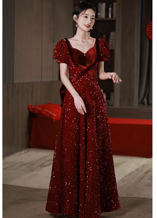 ロングドレス 演奏会 袖付き ドレス 大人 ピアノ 赤 発表会 キラキラ 演奏会用ドレス ワインレッド パーティードレス リボン付き 