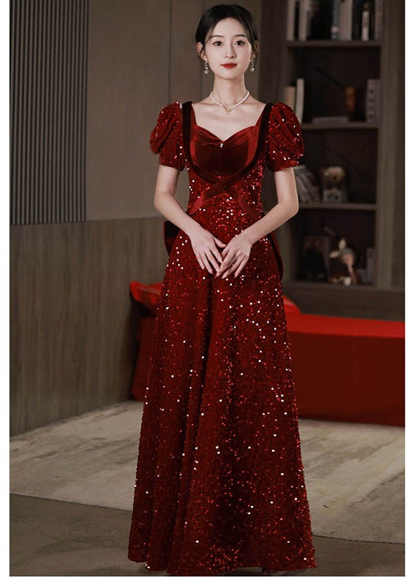 ロングドレス 演奏会 袖付き ドレス 大人 ピアノ 赤 発表会 キラキラ 演奏会用ドレス ワインレッド パーティードレス リボン付き 