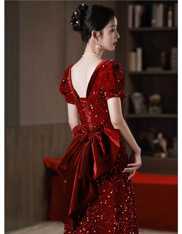 ロングドレス 演奏会 袖付き ドレス 大人 ピアノ 赤 発表会 キラキラ 演奏会用ドレス ワインレッド パーティードレス リボン付き 
