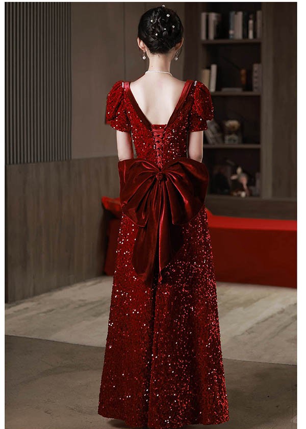 ロングドレス 演奏会 袖付き ドレス 大人 ピアノ 赤 発表会 キラキラ 演奏会用ドレス ワインレッド パーティードレス リボン付き 