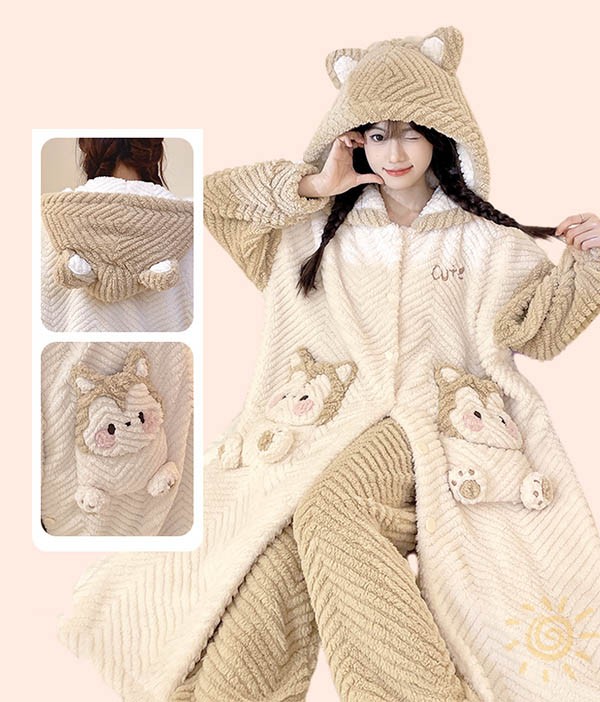 ルームウェア もこもこ リス パジャマ 冬 長袖 ナイトガウン 前開き 暖かい フード付き寝巻き 部屋着 着る毛布 
