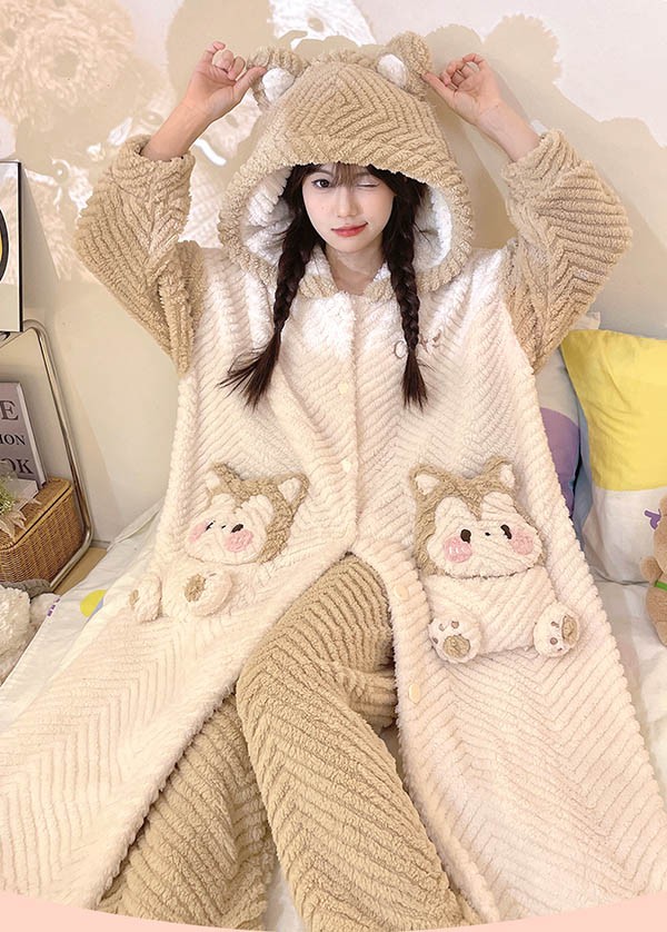 ルームウェア もこもこ リス パジャマ 冬 長袖 ナイトガウン 前開き 暖かい フード付き寝巻き 部屋着 着る毛布 