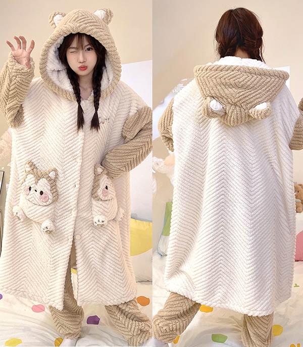 ルームウェア もこもこ リス パジャマ 冬 長袖 ナイトガウン 前開き 暖かい フード付き寝巻き 部屋着 着る毛布 